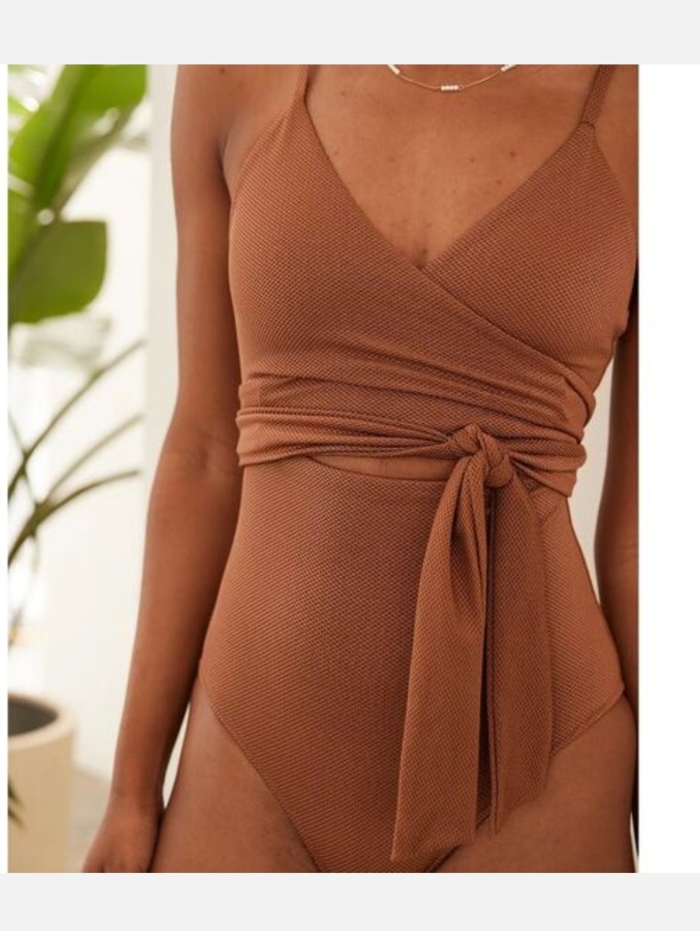 Aerie Shine Pique One Piece Wrap Swimsuit In Brown Size XL Long